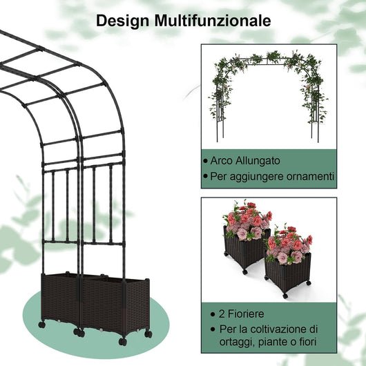 Arco da Giardino, Pergolato per Piante Rampicanti con 2 Fioriere, Sistema di Autoirrigazione, Fori di Drenaggio e Ruote Bloccabili, Decorazione per Matrimoni