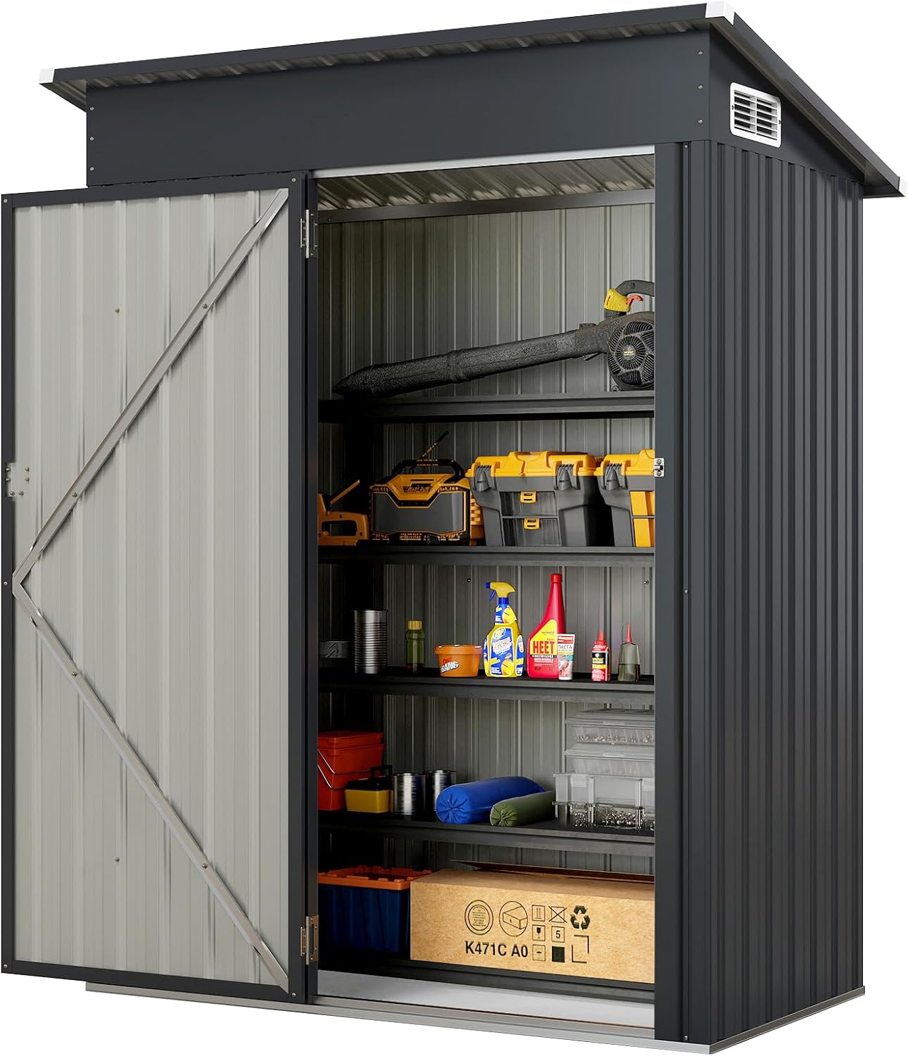 Casetta da Giardino, Capanno da Esterno con Design a Tetto Inclinato, Venti d'Aria, Struttura in Metallo Zincato, Armadio da Giardino, Cortile, Prato e Patio (Grigio Scuro)