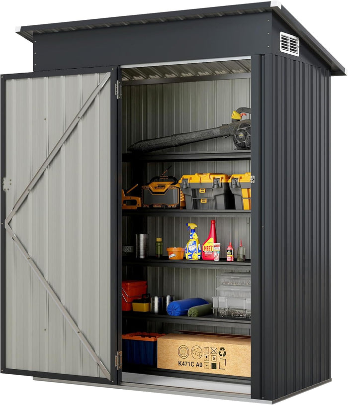 Casetta da Giardino, Capanno da Esterno con Design a Tetto Inclinato, Venti d'Aria, Struttura in Metallo Zincato, Armadio da Giardino, Cortile, Prato e Patio (Grigio Scuro)