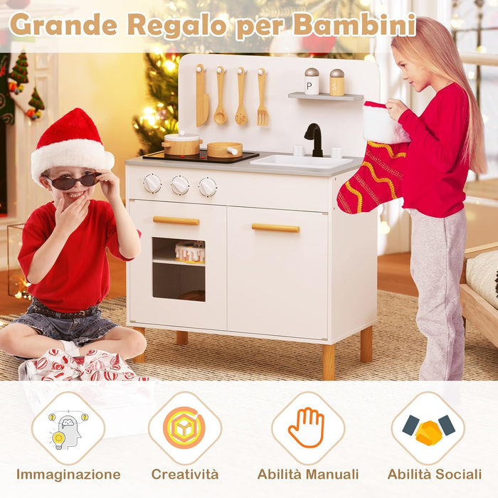 Cucina Giocattolo con Fornelli a Suoni e Luci Reali, Cucina per Bambini in Legno con Lavandelo Estrabile, Rubinetto e Forno, Set Cucina con 11 Accessori, 55 x 31 x 75 cm (Bianco)