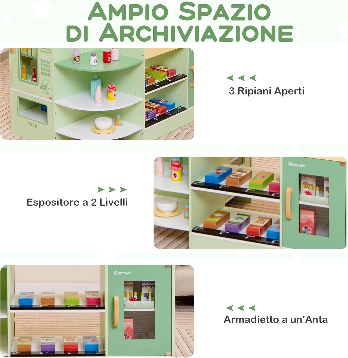 Set di Giocattoli in Legno per il Supermercato, Negozio Alimentare per Bambini con Bancone Cassa, POS, Distributore Automatico, per Bambini 3 - 8 Anni (Verde)