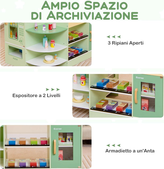 Set di Giocattoli in Legno per il Supermercato, Negozio Alimentare per Bambini con Bancone Cassa, POS, Distributore Automatico, per Bambini 3 - 8 Anni (Verde)