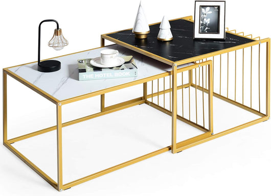 Set di Tavolini da Caffè, Tavolini da Salotto Moderni e Impilabili in Legno e Metallo, Tavolino Retangolare e Tavolino Quadrato per Soggiorno e Salone