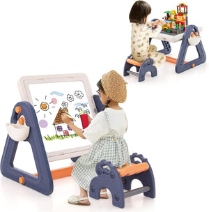 2 in 1 Set Tavolo e Cavalletto per Bambini, Tavolo Multiattività con Sedia e Piano Reversibile, Set Tavolo Attività con 160 Blocchi da Costruzione, 84x58x55 cm