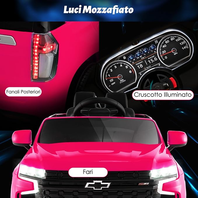 12V Macchina Elettrica per Bambini Chevrolet, SUV Elettrica con Telecomando Luci Luminose e Musica, 3-3,5 km/h, Ideale per Bambini di 3-6 Anni (Rosa)