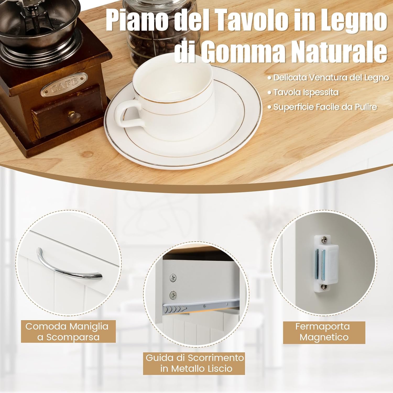 Credenza Cucina con 42L Pattumiera, Mobile per Pattumiera Ribaltabile con Piano in Legno di Gomma 2 Cassetti e Ripiano Regolabile, 100x35,5x90 cm (Bianco)