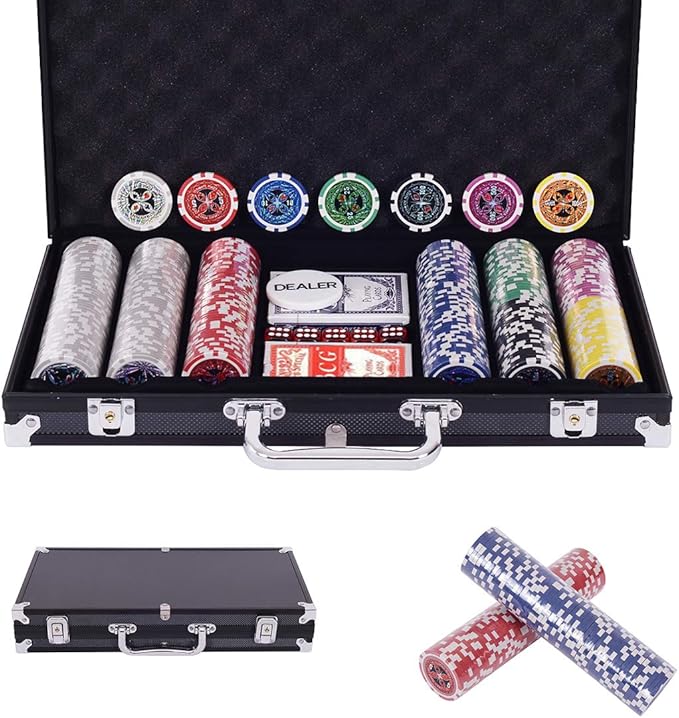 Poker Chips, Set da Poker con 300 Chips, Incluse 2 Carte da Poker 5 Dadi 1 Pulsante, Valigetta in Alluminio, Due Colori Disponibili (Nero)