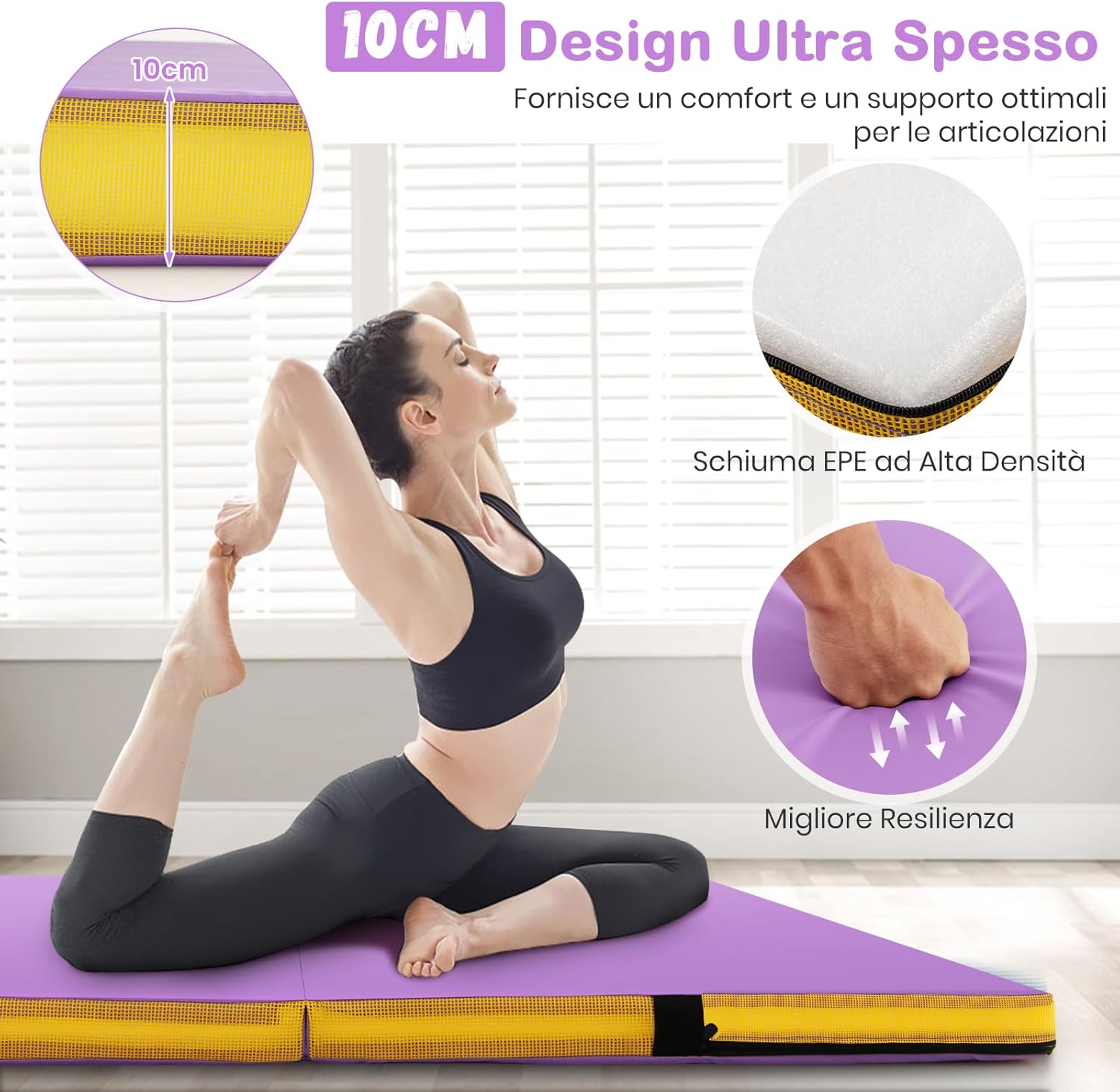 Tappetino FitnessPieghevole, Materassino per Ginnastica e Acrobatica con Rivestimento in Pelle Sintetica e Maniglie, per Esercizi a Casa per Yoga, Stretching e Pilates