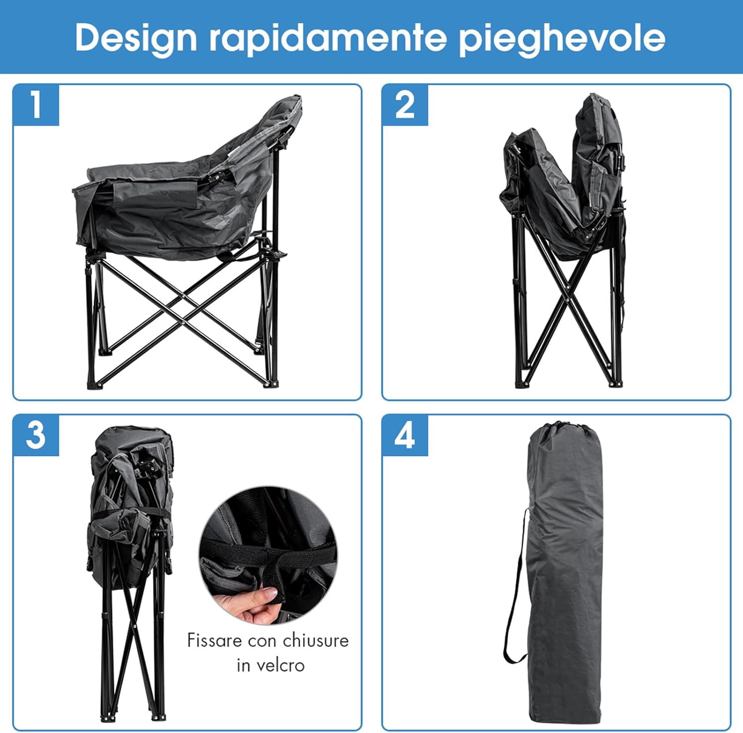 Sedia da Campeggio Pieghevole, Sedia Imbottita con Porta Bicchiere, per Campeggio Pesca Giardino Cortile Spiaggia, Struttura in Ferro (Grigio)