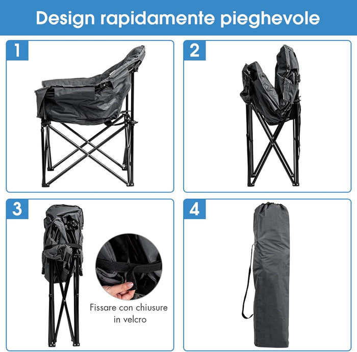 Sedia da Campeggio Pieghevole, Sedia Imbottita con Porta Bicchiere, per Campeggio Pesca Giardino Cortile Spiaggia, Struttura in Ferro (Grigio)