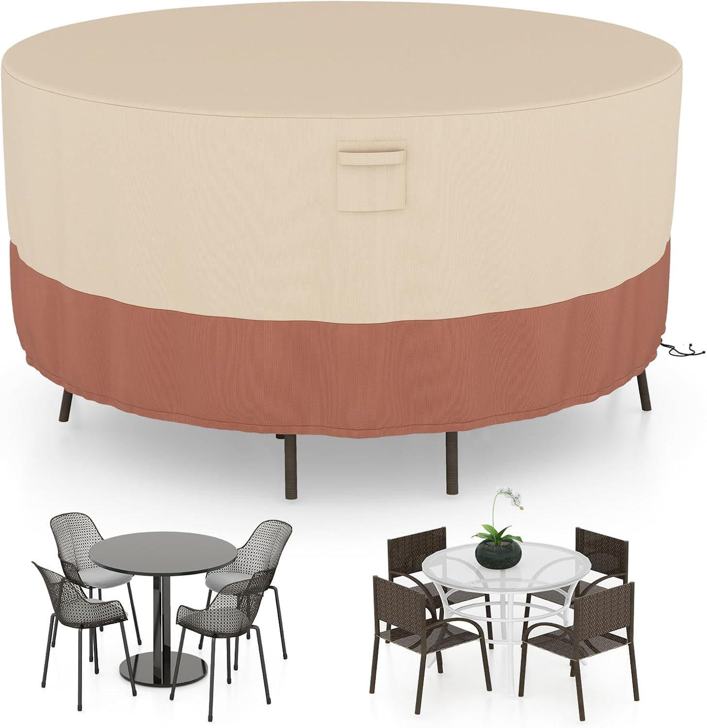 Copertura per Mobili da Giardino Rotonda da 158/183/213 CM, Copertura per Tavolo e Sedie da Esterno con Ventilazione, Fibbie e Coulisse, Impermeabile (S, Beige)