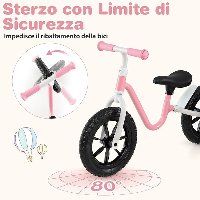 Bicicletta Equilibrio Senza Pedali, con Manubrio e Sella Regolabili in Altezza, Bicicletta Leggera con Telaio in Acciaio al Carbonio, Bici da Regalo per Bambini 3 + Anni