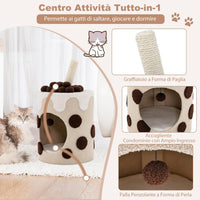 Cuccia per Gatti a Forma di Bubble Tea, Casetta per Gatti con Tiragraffi in Sisal e Palline Appese, Albero per Gattini da Interno, 37 cm x 37 cm x 67 cm (Caffè e Beige)