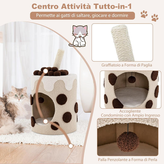 Cuccia per Gatti a Forma di Bubble Tea, Casetta per Gatti con Tiragraffi in Sisal e Palline Appese, Albero per Gattini da Interno, 37 cm x 37 cm x 67 cm (Caffè e Beige)