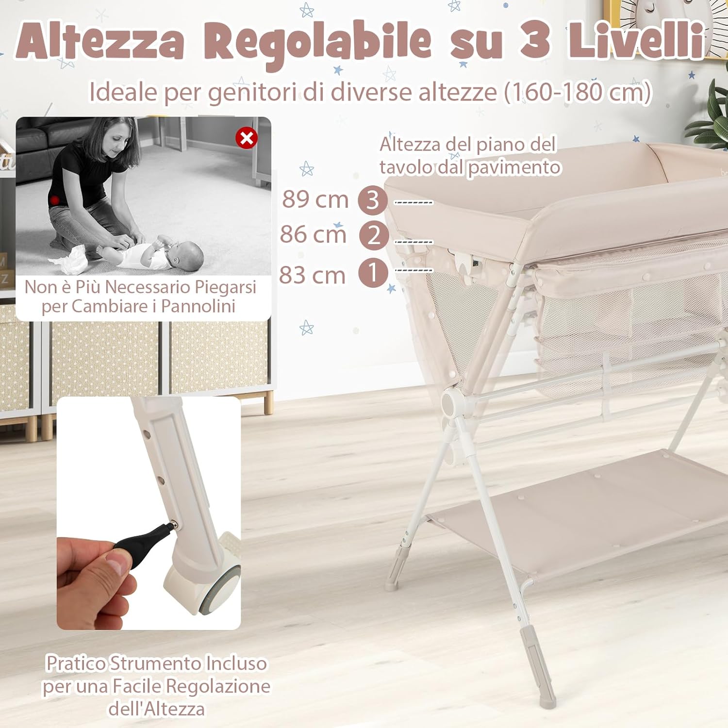 Fasciatoio Neonato Pieghevole, Fasciatoio Portatile con Altezza Regolabile a 3 Livelli, Fasciatoio Neonato con Ruote di Bloccabili, Ripiano, Porta Asciugamani, Cestino di Rifiuti (Beige)