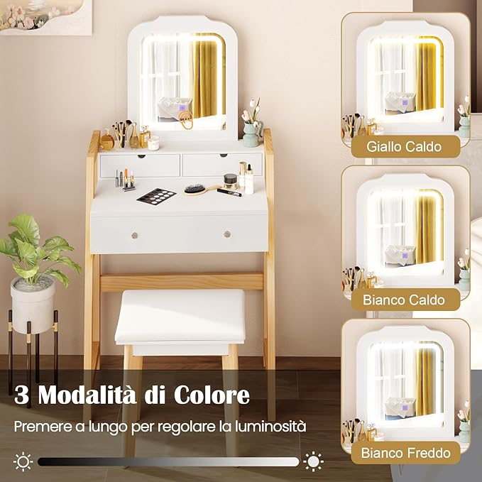 Set di Tavolo da Toeletta, Tavolo da Trucco con Sgabello e Specchio Regolabile in Altezza, 3 Cassetti, Bianco Moderno Minimalista
