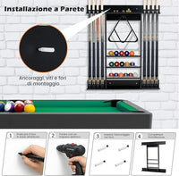 Porta Stecche da Biliardo in Legno Massello, a Parete Può Ospitare 8 Stecche 15 Palle e 1 Portapalle, Attrezzatura per Sala da Biliardo Club e Bar (Nero)