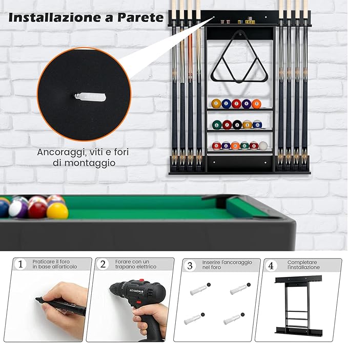 Porta Stecche da Biliardo in Legno Massello, a Parete Può Ospitare 8 Stecche 15 Palle e 1 Portapalle, Attrezzatura per Sala da Biliardo Club e Bar (Nero)