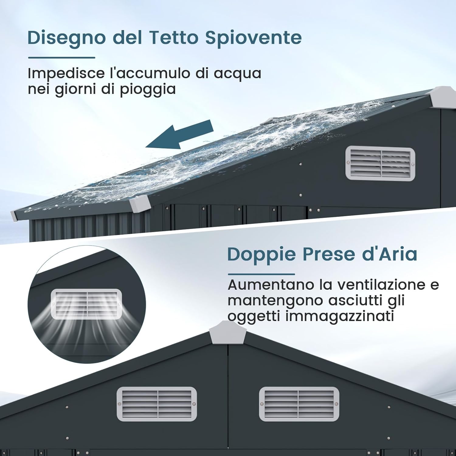 Casetta da Giardino 3,25 m³, Capanni da Esterno Porta Attrezzi Multifunzionale con Tetto Inclinato, Porte Scorrevoli, Ventilazione e Telaio Metallico Zincato 192,5 x 129 x 196 cm