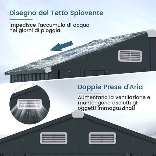 Casetta da Giardino 3,25 m³, Capanni da Esterno Porta Attrezzi Multifunzionale con Tetto Inclinato, Porte Scorrevoli, Ventilazione e Telaio Metallico Zincato 192,5 x 129 x 196 cm