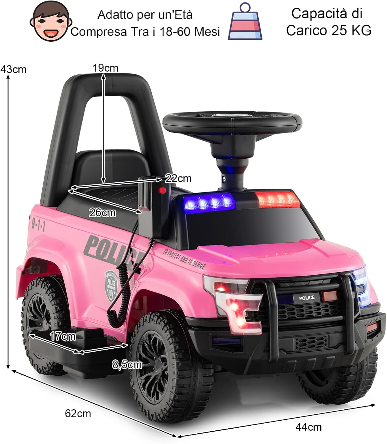 Auto Elettrica per Bambini, Auto della Polizia Giocattolo con Clacson Luce di Avvertimento e Suono della Sirena, Velocità 3 km/h, per Bambini 18-60 Mesi (Rosa)