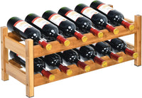 Scaffale per Vino con 2 Livelli di Bambù, Organizer Vini per 12 Bottiglie, Espositore Vini Salva Spazio, Catinetta Portabottiglie, 62 x 24 x 25 cm (Naturale)