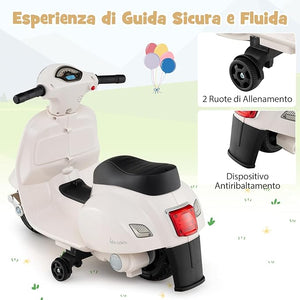 Moto Elettrica per Bambini, 6V Mini Moto per Bambini 18-36 Mesi, con Licenza Ufficiale Vespa, con Luci a LED e Suoni di Clacson, Portata 25 kg, 2 Ruote di Allenamento, 2,5 km/h (Bianco)