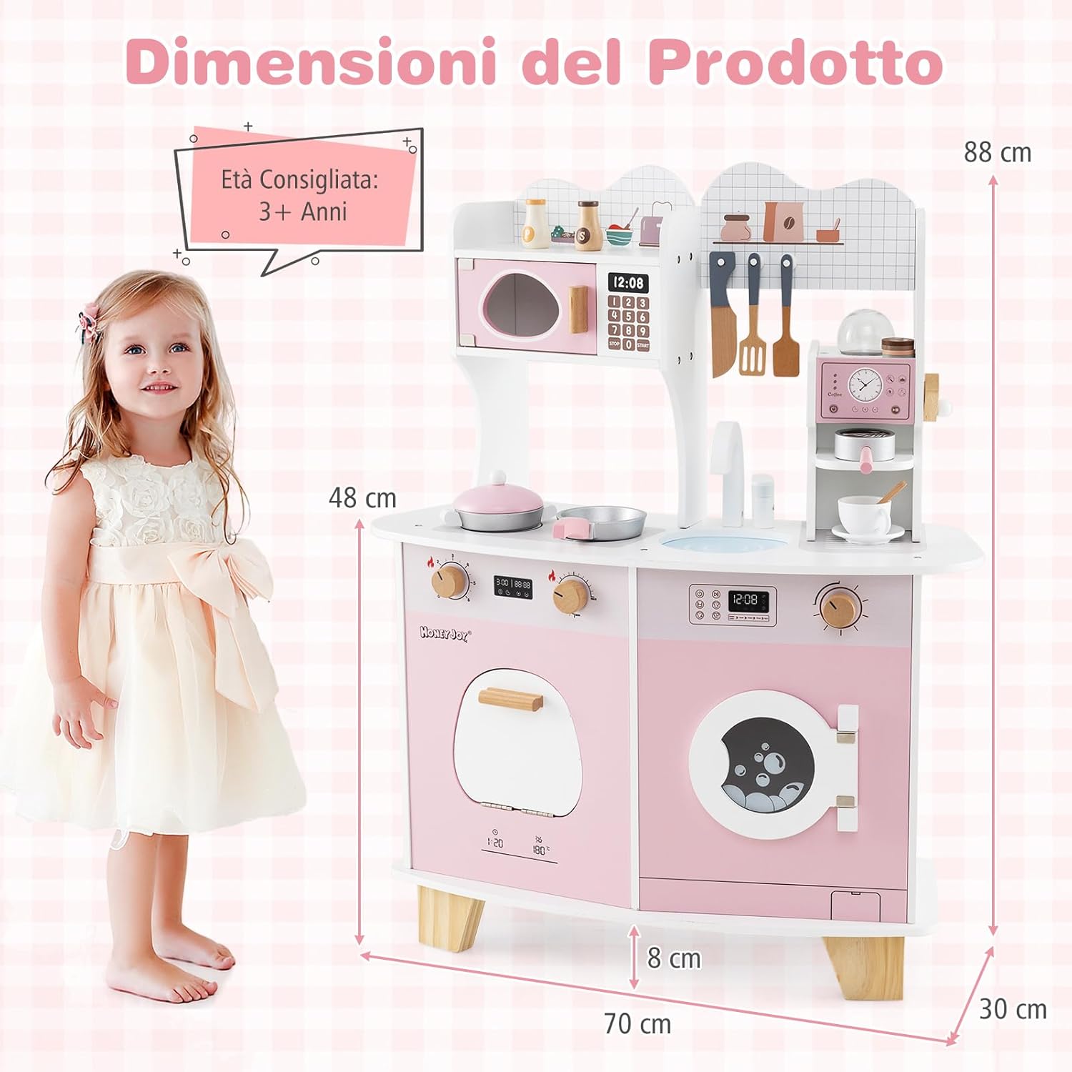 Cucina Giocattolo con Macchina da Caffè, Forno e Lavatrice, Cucina per Bambini in Legno con Microonde e Lavandino, Set Cucina con 13 Accessori, 70 x 30 x 88 cm, per Bambini 3+ Anni