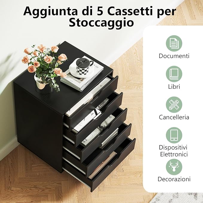 Cassettiera da Ufficio con 5 Cassetti e Ruote, Mobiletto Multiuso per Documenti e Cosmetici, Comodino con Ruote per Camera da letto, Studio, Ufficio e Soggiorno (Nero)
