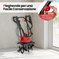 Motozappa Elettrica a Filo, Zappatrice da Giardino con Manico Ergonomico e Motore Forte, Motocoltivatore Pieghevole per Scavare Terreno del Prato (32,5 x 24 x 138 cm,Rosso)