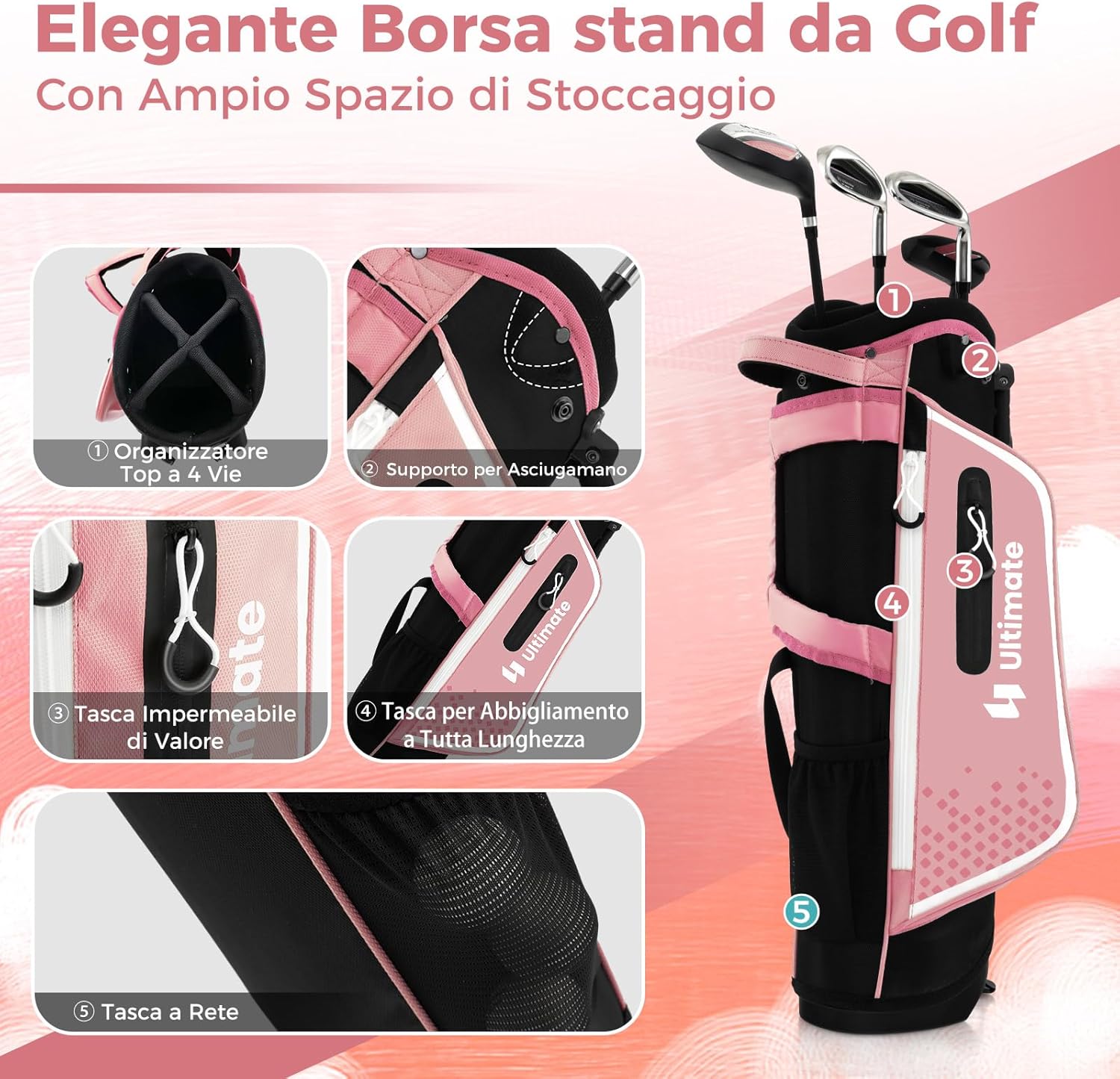 Set di Mazze da Golf per Bambini 5-7 Anni, Set Allenamento Golf con Sacca, Fodera Impermeabile, Legno di Fairway 3, Ferro 7, Ferro S e Putter per Bambini e Bambine, Destrorso