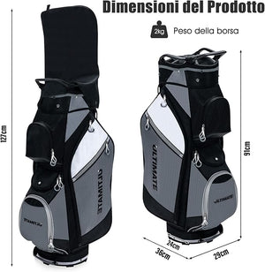 Borsa da Golf con 14 Divisori, Sacca per Mazze da Golf con Borsa Termica, Cappuccio Impermeabile, Maniglie e Tracolla, Ideale per Uomini e Donne, Nero e Grigio