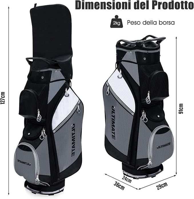 Borsa da Golf con 14 Divisori, Sacca per Mazze da Golf con Borsa Termica, Cappuccio Impermeabile, Maniglie e Tracolla, Ideale per Uomini e Donne, Nero e Grigio