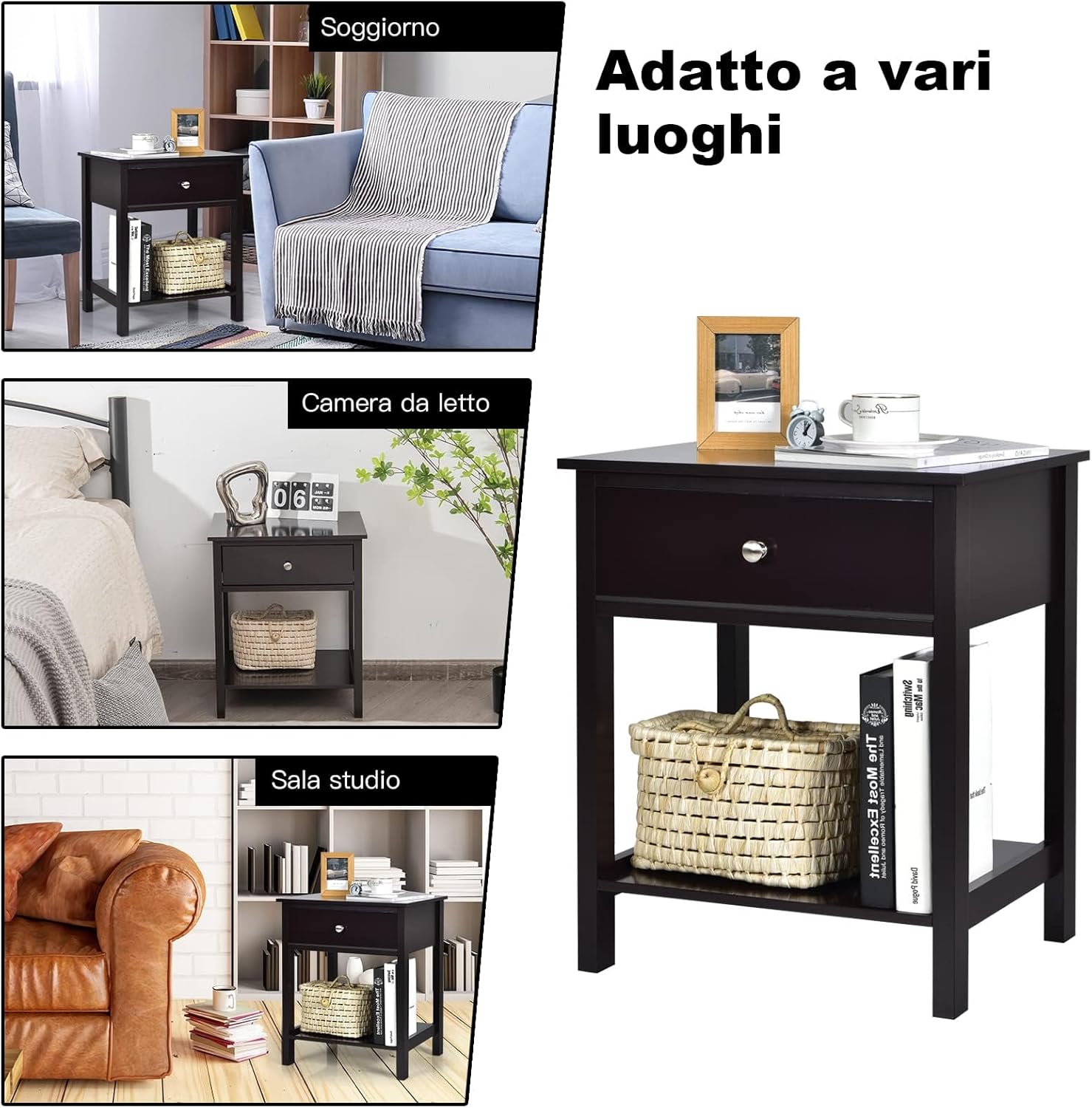 Comodino con Cassetto, Tavolino in Legno con 2 Livelli, Cassettiera da Letto Multifunzionale per Salone Camera da Letto Corridoio, 48 x 40 x 58 cm (Nero, 2 Pezzi)