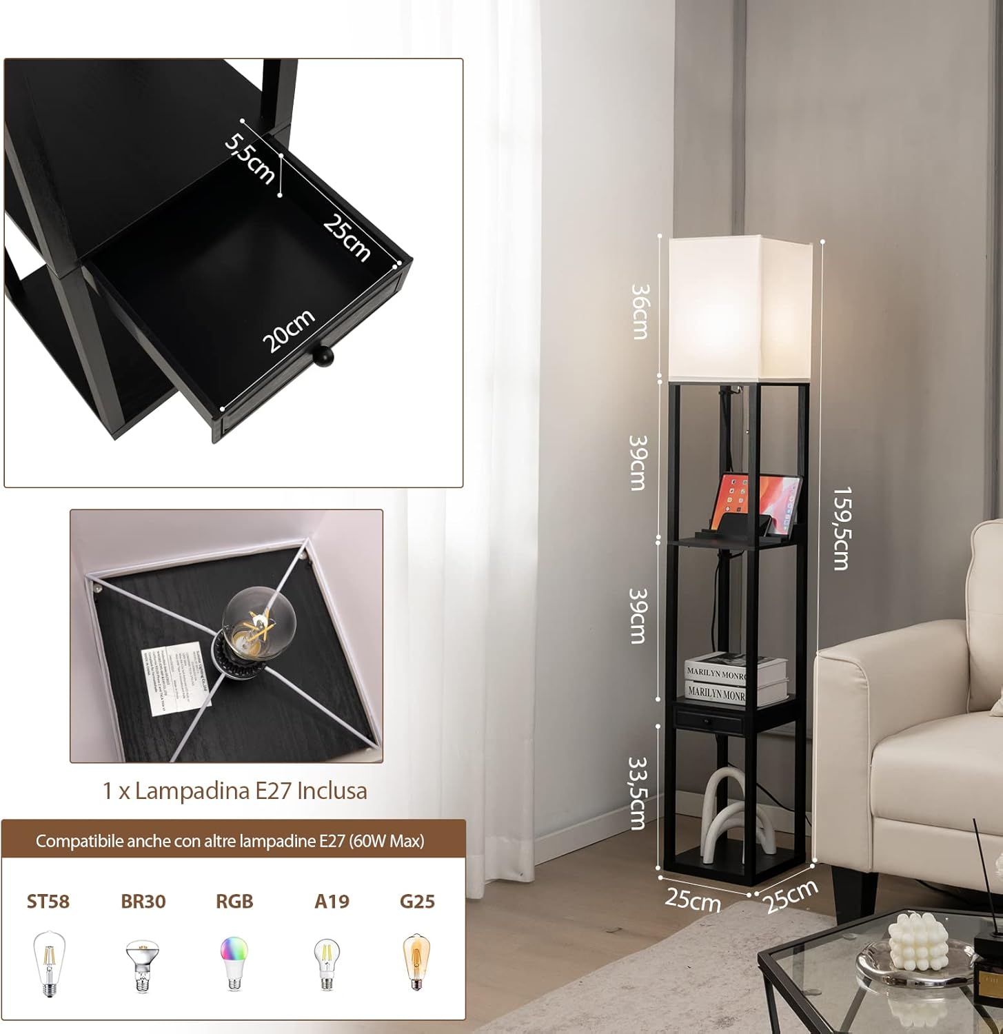 Lampada da Terra con Mensola, Cassetto e Porta USB, Lampadina 5000K LED Inclusa, 3 Regolazioni di Luminosità, Lampada a Stelo per Soggiorno e Camera da Letto