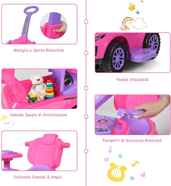 3 in 1 Macchina Cavalcabile a Spinta per Bambini, con Clacson Musica Luce Portaoggetti Sotto Sedile, Auto a Spinta per Bambini di 1-3 Anni