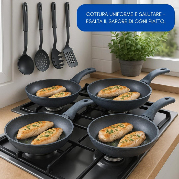 Set di Padelle con Coperchi 12 Pezzi, Induzione Manico Resistente al Calore, Granito e Marmo, Padelle Antiaderente, 20/24/28/32 cm + 4 Mestoli Inclusi.