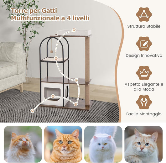 Albero Tiragraffi per Gatti 18 cm, Albero per Gatti Alto con Struttura in Metallo, Cuccia per Gatti, Palo in Corda di Juta, Pannello in Sisal e Pallina Sospesa (Bianco e Marrone)