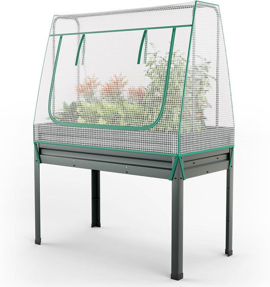 Letto per Orto in Cassetta con Serra da Giardino, Fioriera Rialzata da Giardino in Acciaio Zincato e PE, Aiuola Rialzata con Fori di Drenaggio da Esterno, 115 x 60 x 150 cm, Grigio