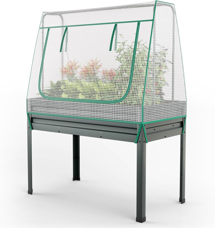 Letto per Orto in Cassetta con Serra da Giardino, Fioriera Rialzata da Giardino in Acciaio Zincato e PE, Aiuola Rialzata con Fori di Drenaggio da Esterno, 115 x 60 x 150 cm, Grigio