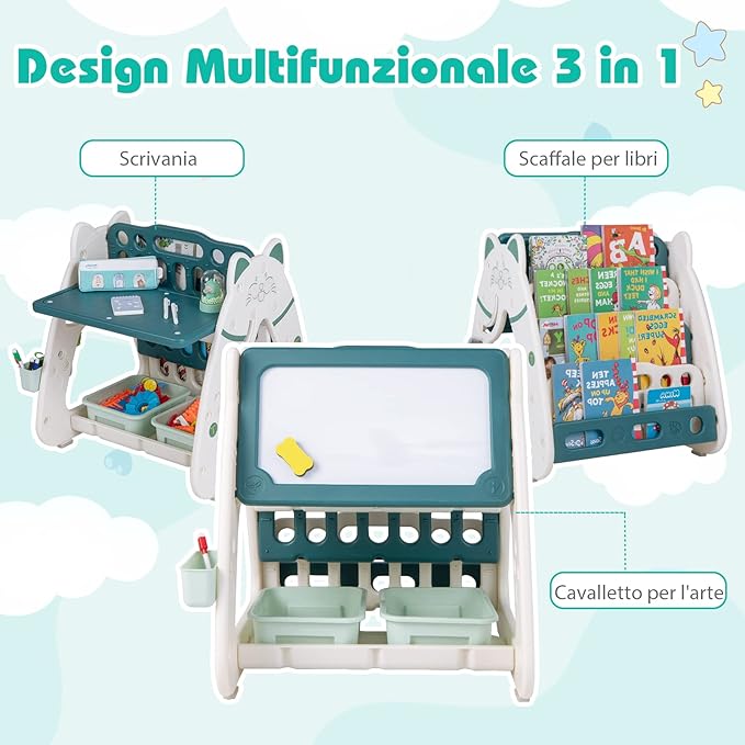 Cavalletto Artistico per Bambini con Sgabello, Lavagna Magnetica a Secco a Doppia Faccia 3 in 1 con Scrivania, Scaffale per Libri, Sgabello (Verde+ Bianco)