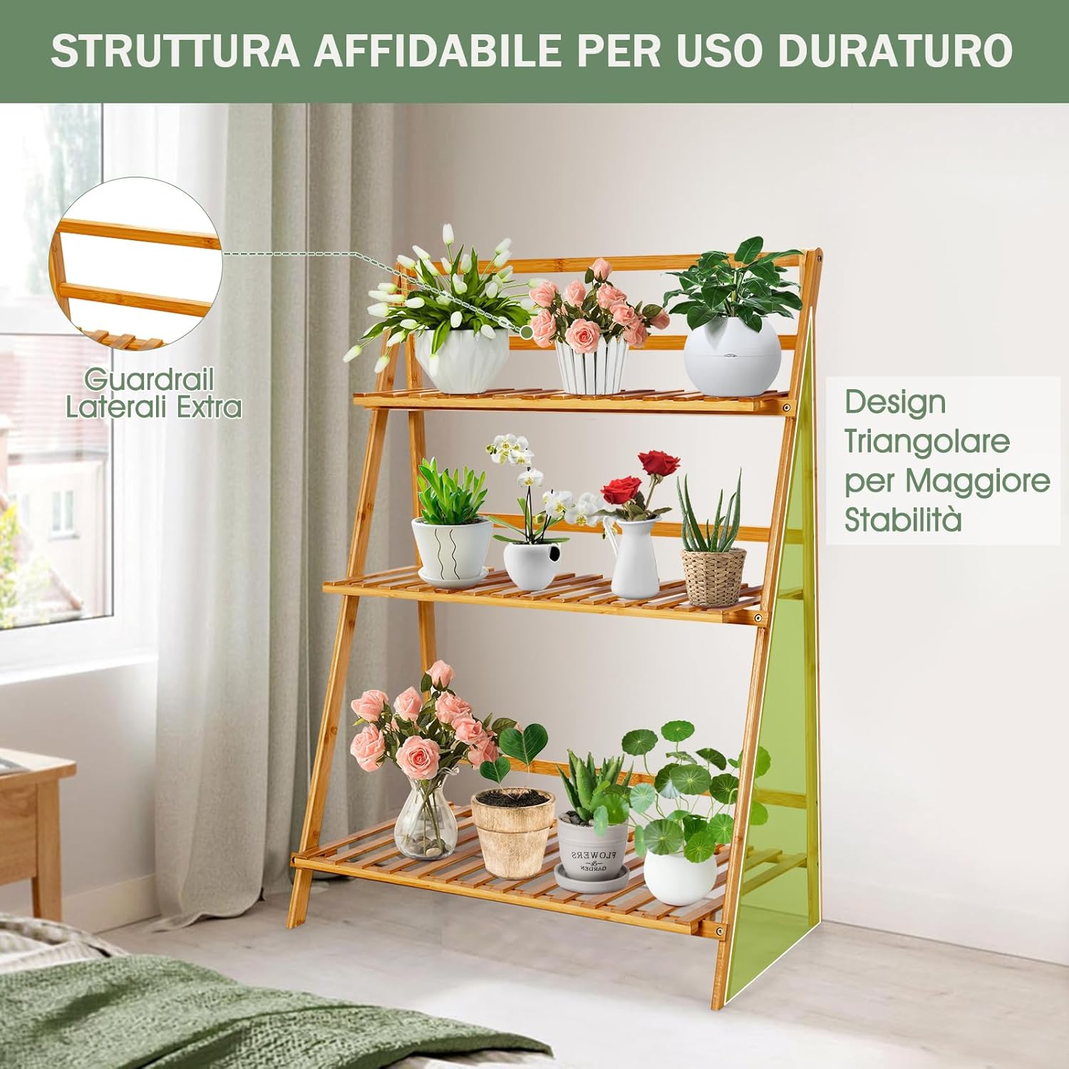 Scaffale Porta Piante Pieghevole in Bambù, Scaffale a Scala per Piante e Fiori con 3 Ripiani, Portapiante da Interno ed Esterno, Ideale per Terrazza, Giardino, Balcone e Portico