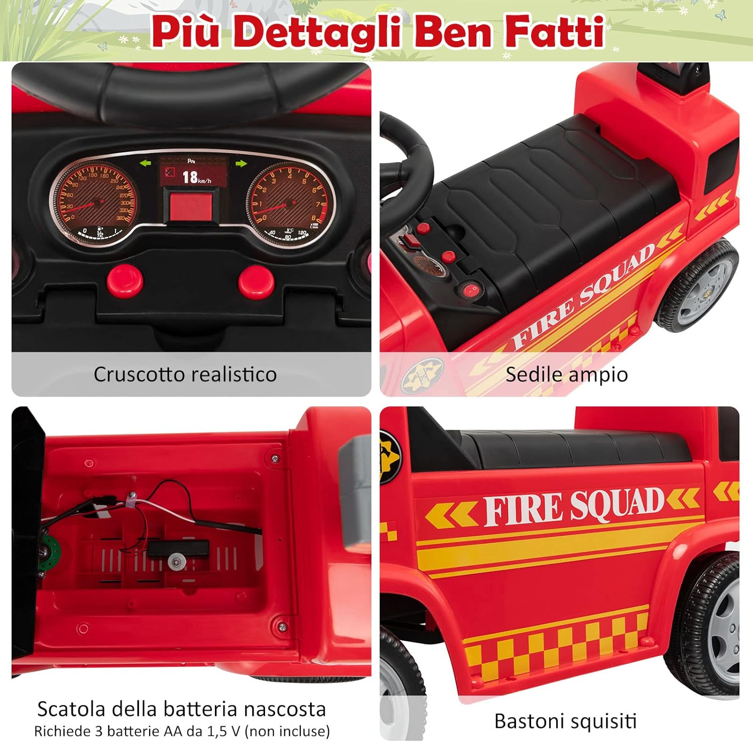 Camion dei Pompieri per Bambini, con Macchina a Bolle Fari Allarme e Musica, Macchinina Cavalcabile a Spinta per Bambini 18-36 Mesi (Rosso,2)