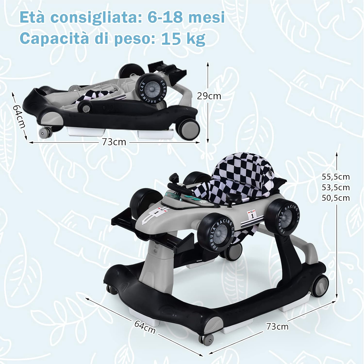 Girello per Bambini 4 in 1, Girello Pieghevole con Altezza e Velocità Regolabili, Carillon con Luci, Volante, Primi Passi per Bambini 6-18 Mesi, Portata 15 kg (Grigio)
