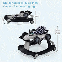 Girello per Bambini 4 in 1, Girello Pieghevole con Altezza e Velocità Regolabili, Carillon con Luci, Volante, Primi Passi per Bambini 6-18 Mesi, Portata 15 kg (Grigio)