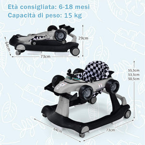Girello per Bambini 4 in 1, Girello Pieghevole con Altezza e Velocità Regolabili, Carillon con Luci, Volante, Primi Passi per Bambini 6-18 Mesi, Portata 15 kg (Grigio)