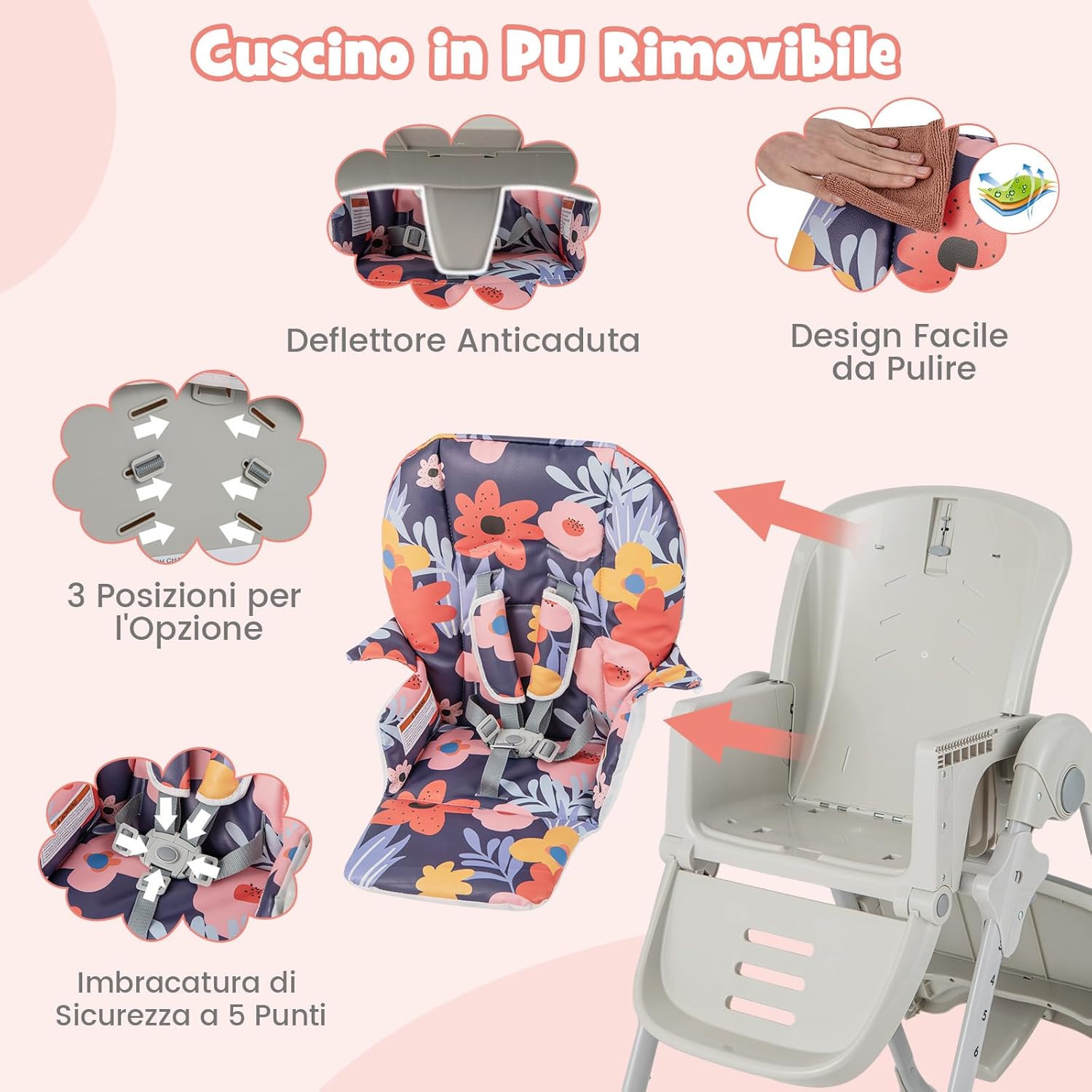 Seggiolone Pappa Pieghevole per Bambini, Seggiolone Portabile con Schienale e Altezza Regolabili, con Ruote, per Bambini 6-36 Mesi, Grigio (Viola)