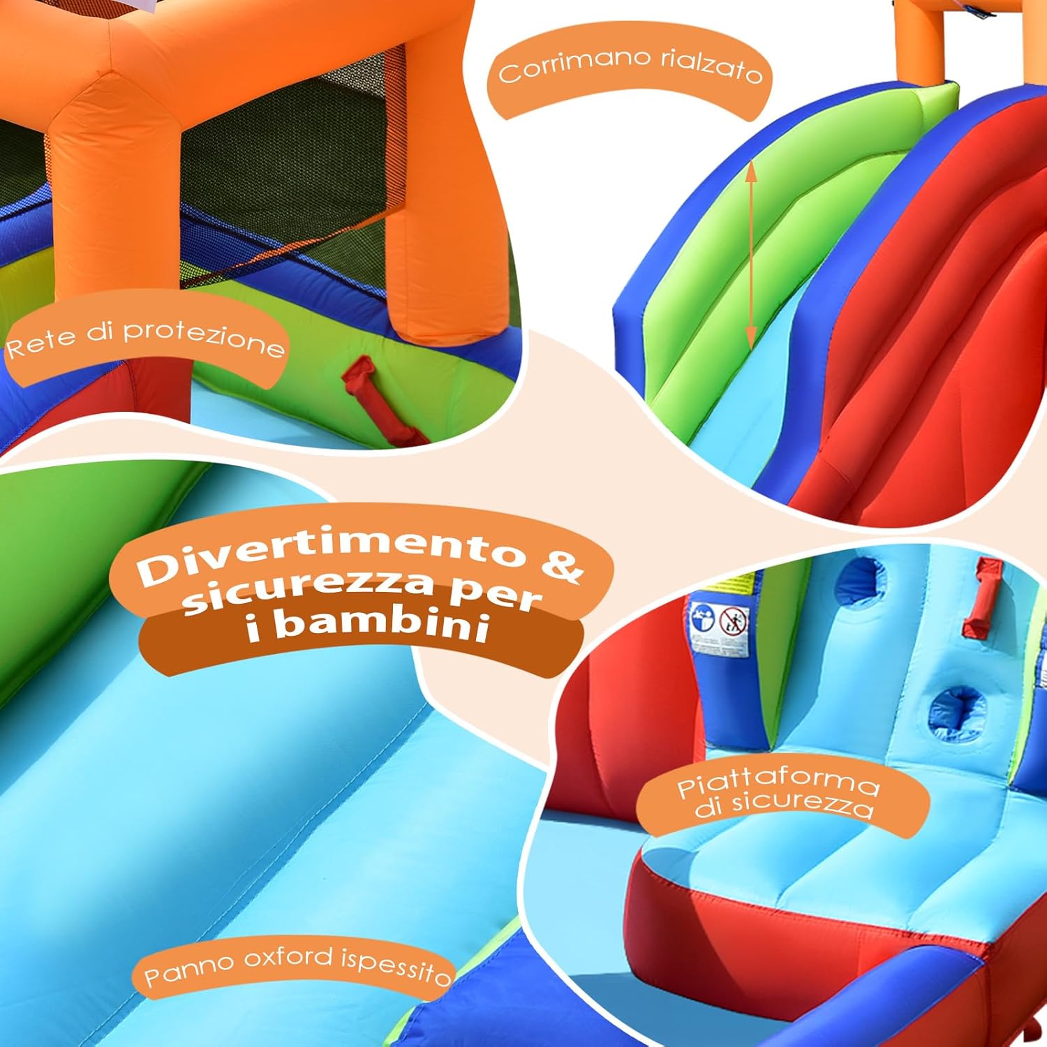 Castello Gonfiabile per Bambini 6 in 1, con Scivolo, Parete per Arrampicarsi, Piscina, Freccette, Gioco di Lancio, Pistole Acquatiche e Borsa, Ideale per 3 Bambini con Età 3-10 Anni