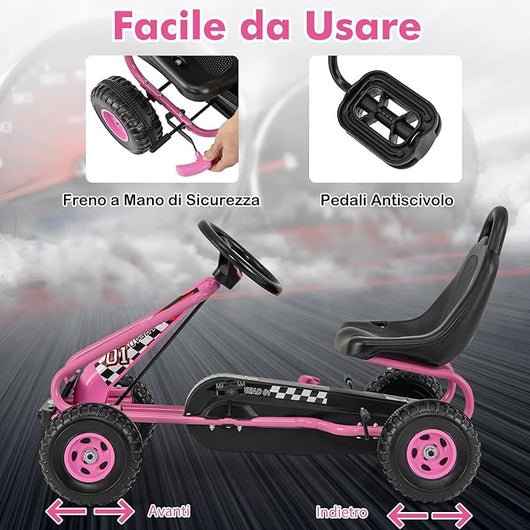 Go Kart a Pedali per Bambini, Go Kart Veicolo con Sedile Regolabile e Freno a Mano, per Bambini 3-6 Anni, Portata Massima 30 kg (Rosa)