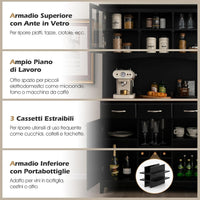 Credenza da Cucina, Armadietto Dispensa da Cucina Alto con Ante in Vetro Temperato, Portabottiglie, Ripiani Regolabili, Mobile Moderno per Cucina con 3 Cassetti e Ripiani Aperti (Nero)